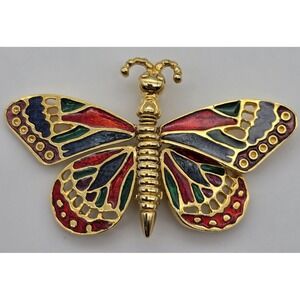 Vintage Hong Kong Articulated Butterfly Brooch Enamel Gold Tone Moving Wings